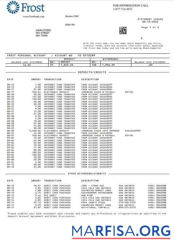 Blank USA Frost bank statement word sample